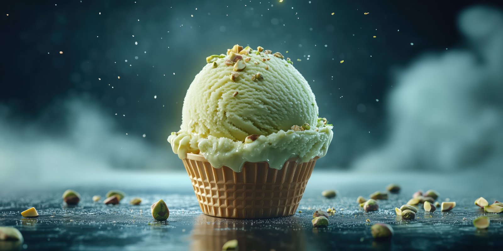 Delicious pistachio ice cream served in a waffle cone garnished with pistachio pieces on a dark background